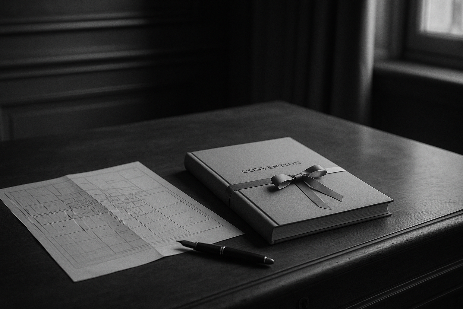 Convention reliée et plan cadastral déplié sur un bureau ancien de mairie, photographie en noir et blanc