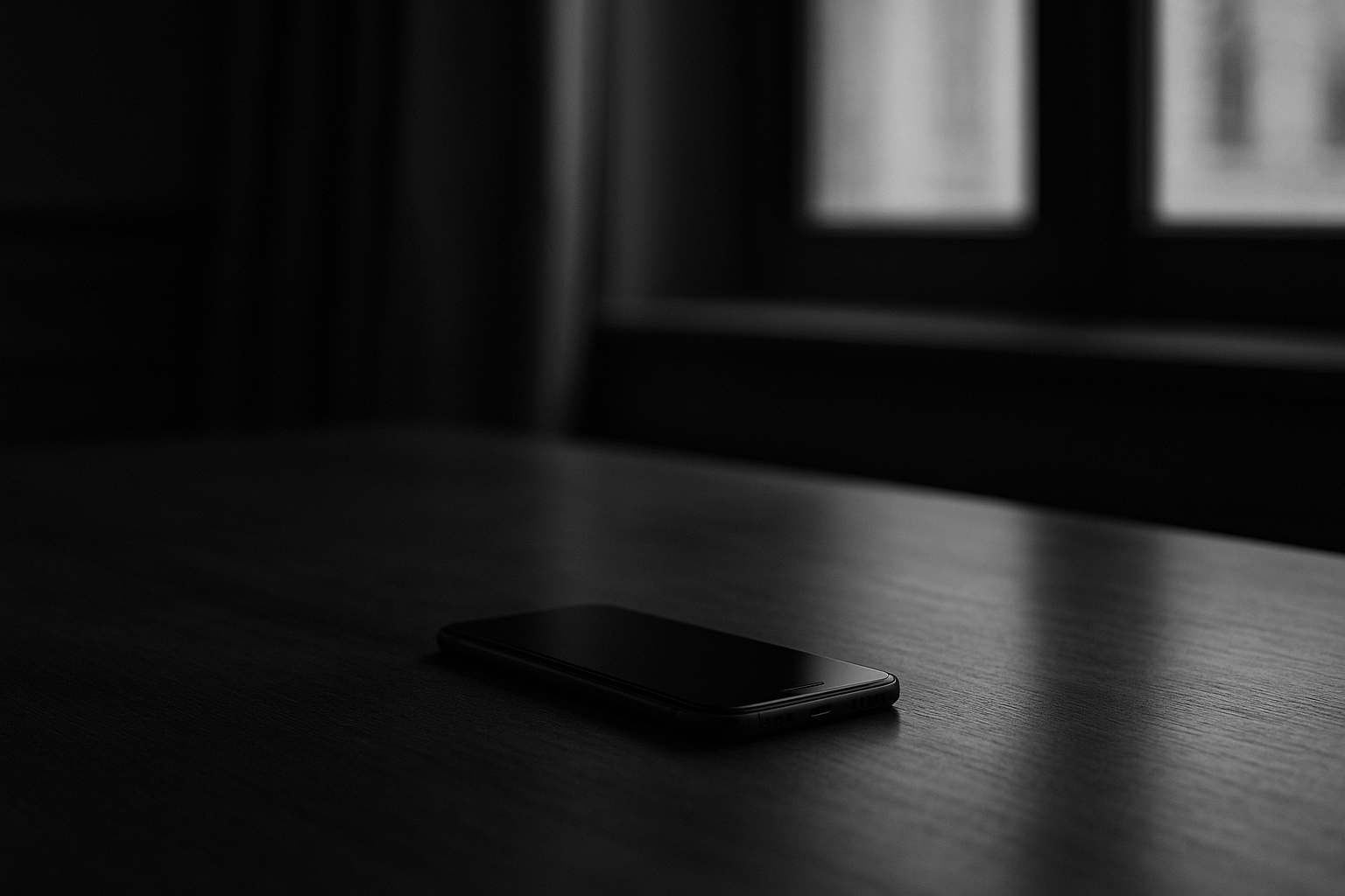 Smartphone posé face contre une table en bois dans une pièce à la lumière tamisée, photographie en noir et blanc.