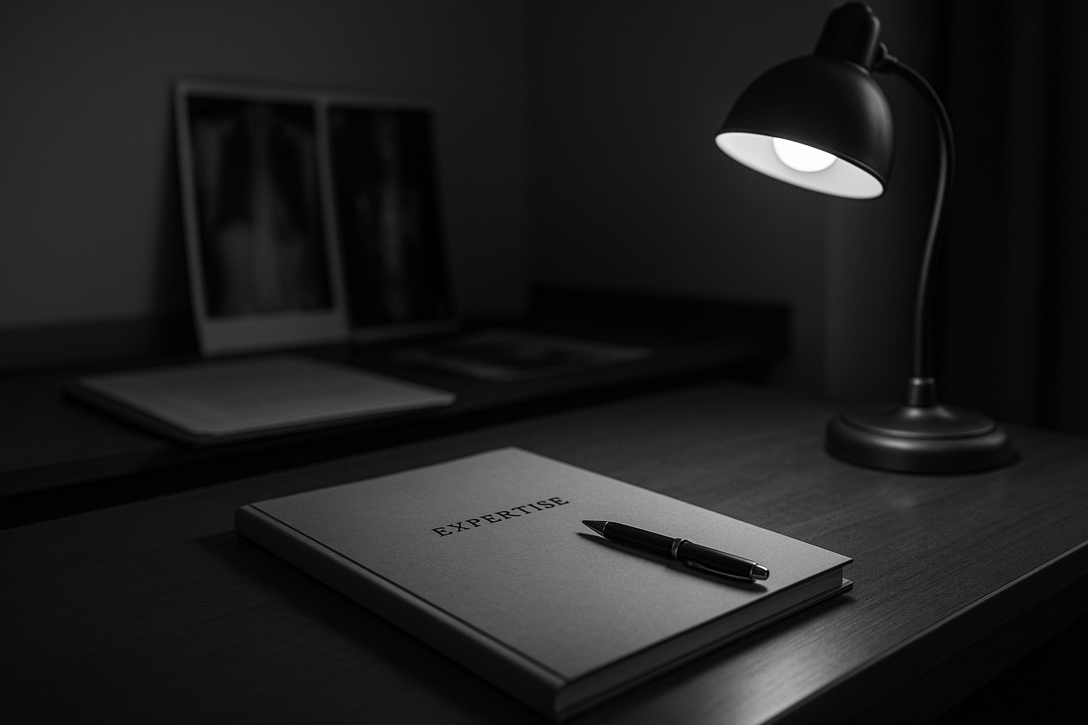 Bureau d'expert avec un rapport médical ouvert, un stylo posé et une lampe allumée, lumière basse du soir