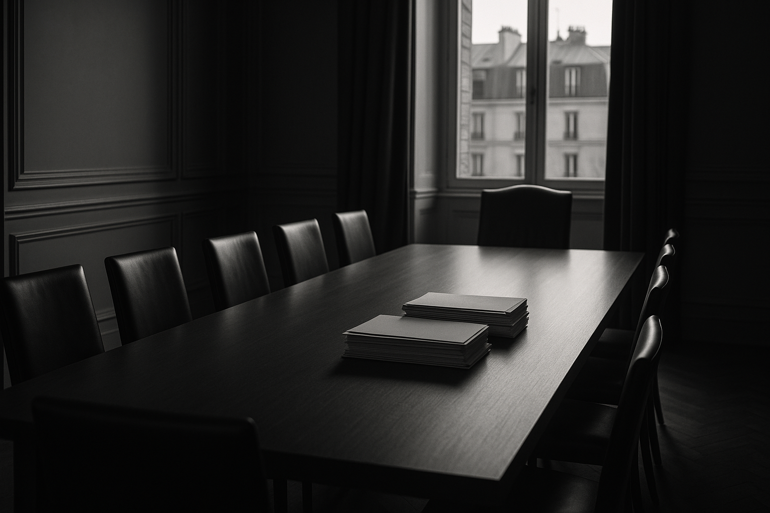 Salle de réunion vide avec un fauteuil écarté en bout de table et des dossiers posés