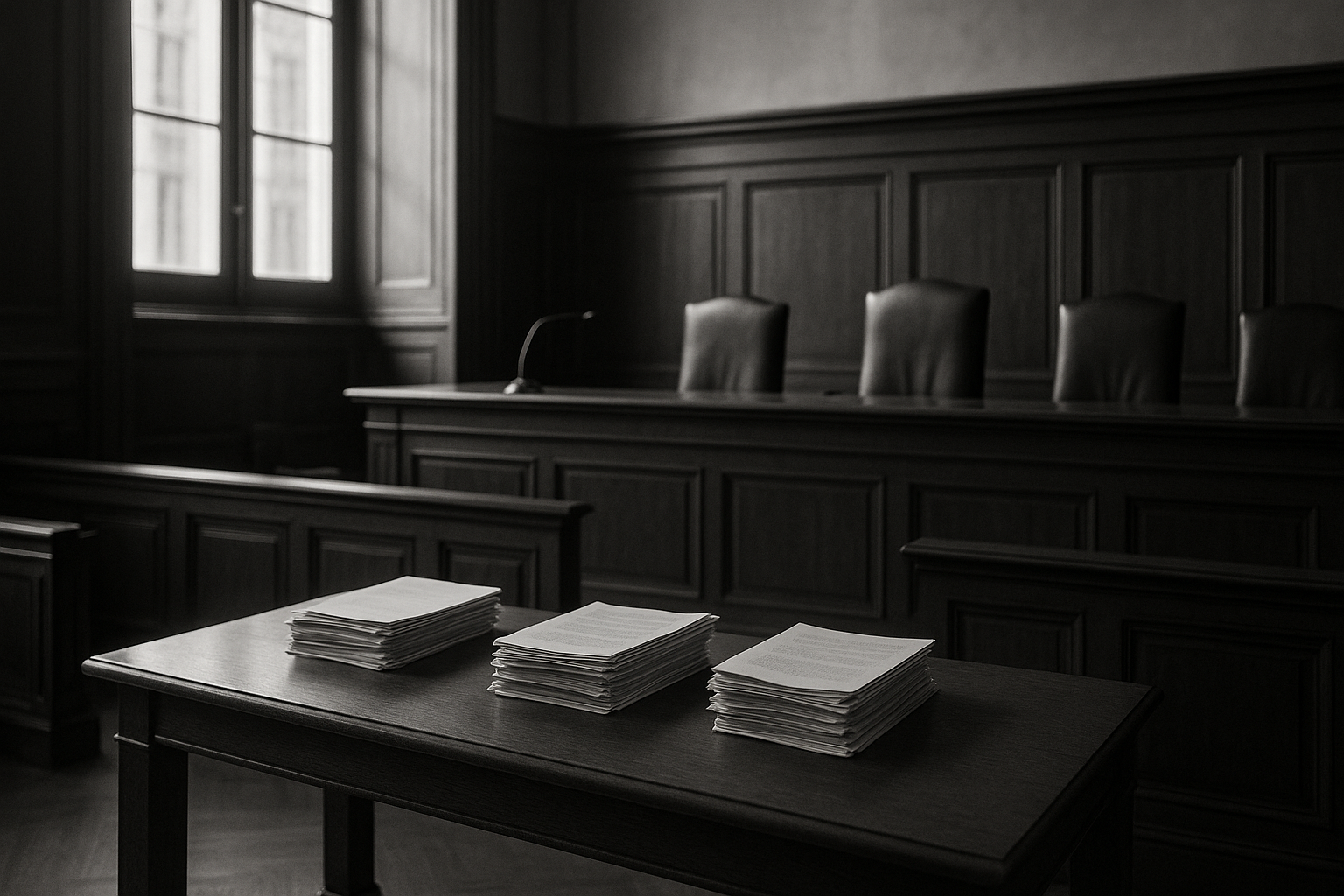 Salle d'audience correctionnelle vide, banc des juges en bois sombre et dossiers posés sur la table du greffe