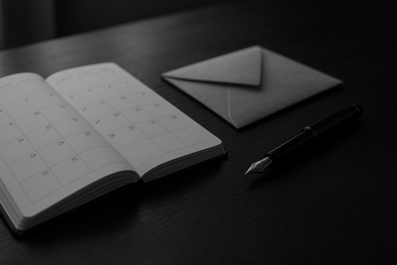 Calendrier ouvert, enveloppe fermée et stylo plume sur un bureau en bois sombre