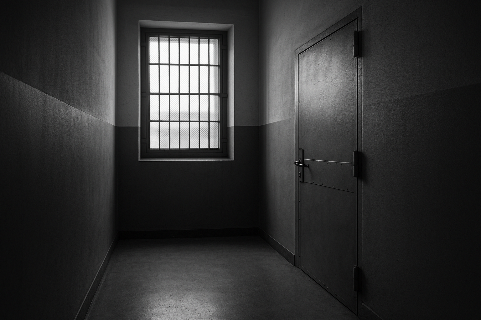 Couloir de maison d'arrêt avec une porte métallique fermée, photographie en noir et blanc