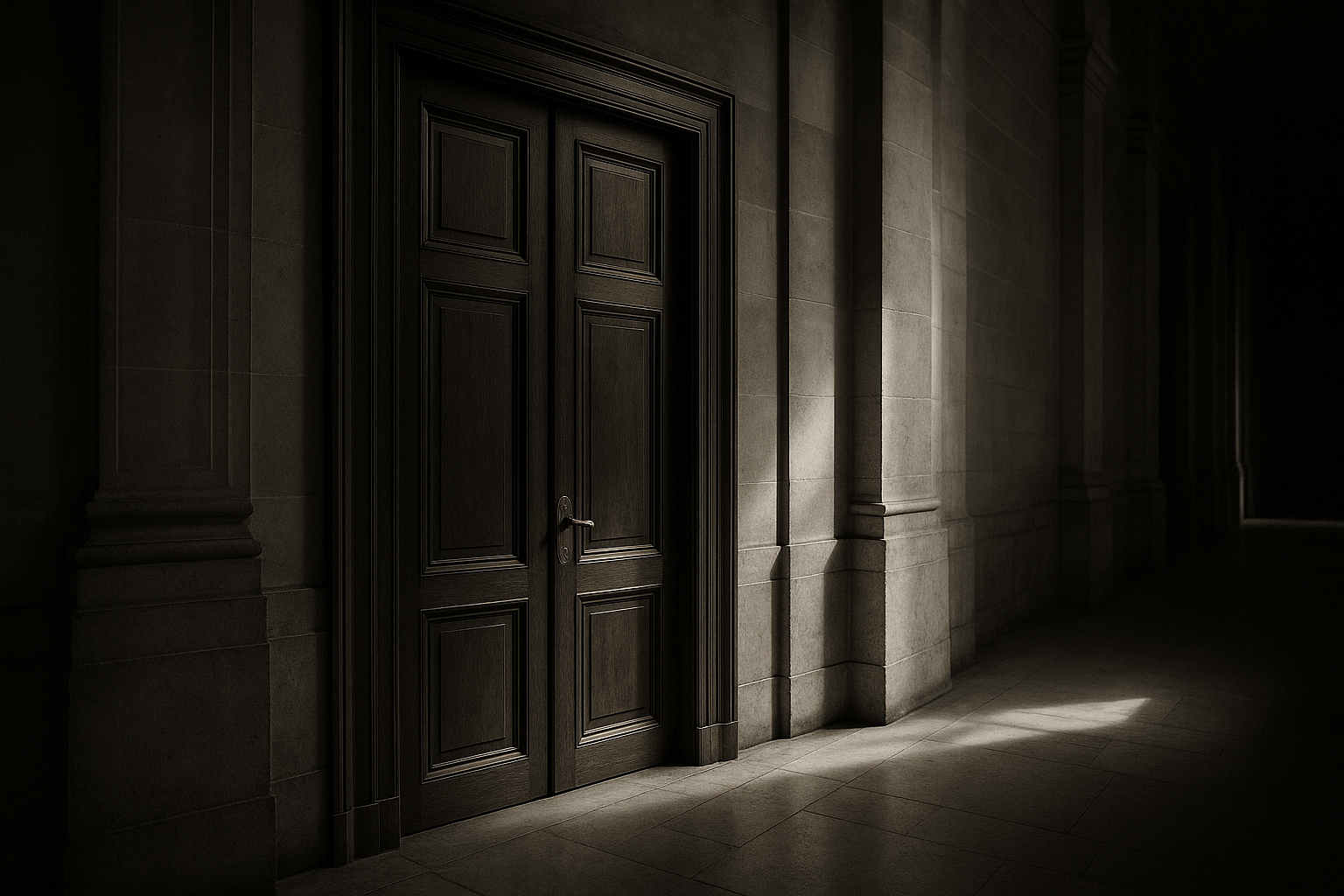 Porte fermée d'une salle d'audience dans un couloir de palais de justice
