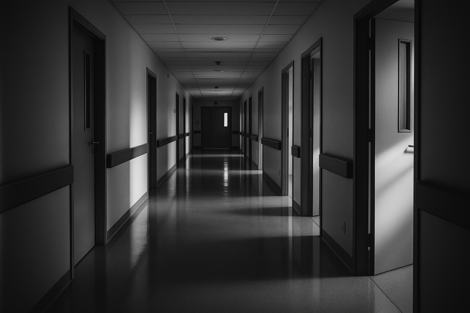 Couloir d'hôpital vide éclairé par une lumière latérale, photographie éditoriale en noir et blanc