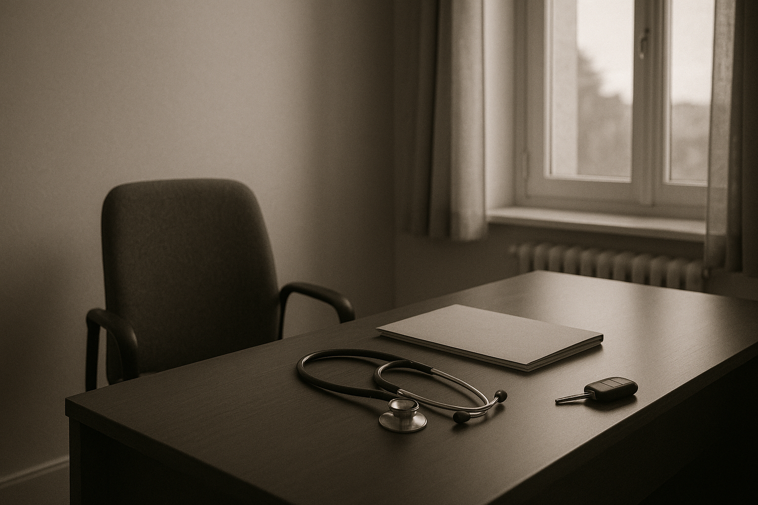 Cabinet médical, stéthoscope et clés de voiture sur le bureau