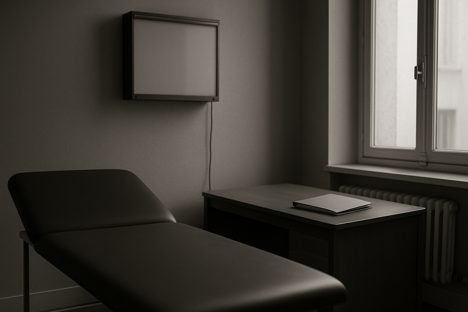 Cabinet médical vide, table d'examen et dossier fermé, lumière naturelle