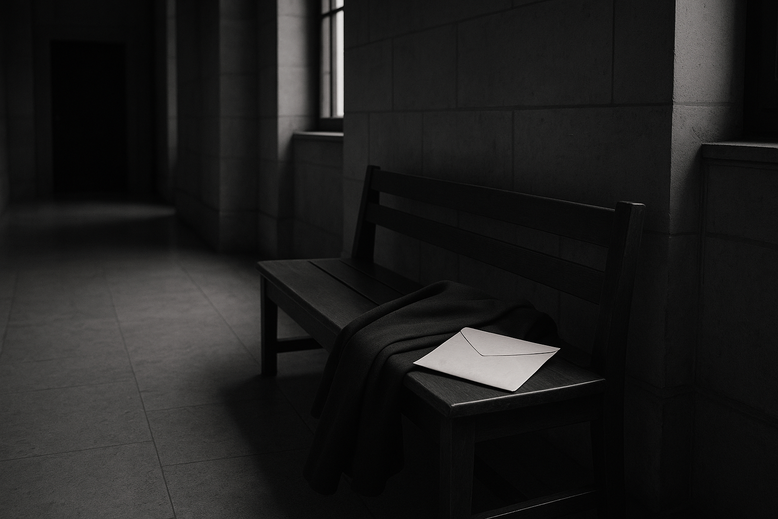 Banc de bois vide dans un couloir de palais de justice, un manteau plié et une enveloppe médicale posés dessus