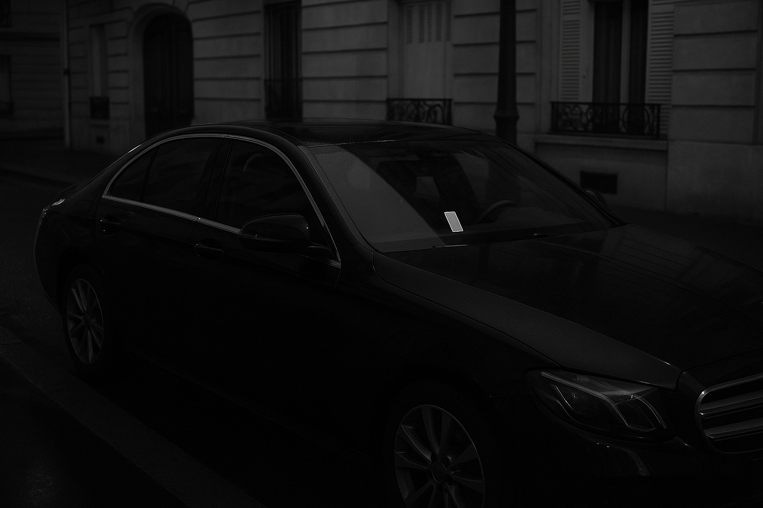 Voiture de transport avec chauffeur garée de nuit dans une rue de Paris, un téléphone posé sur le tableau de bord