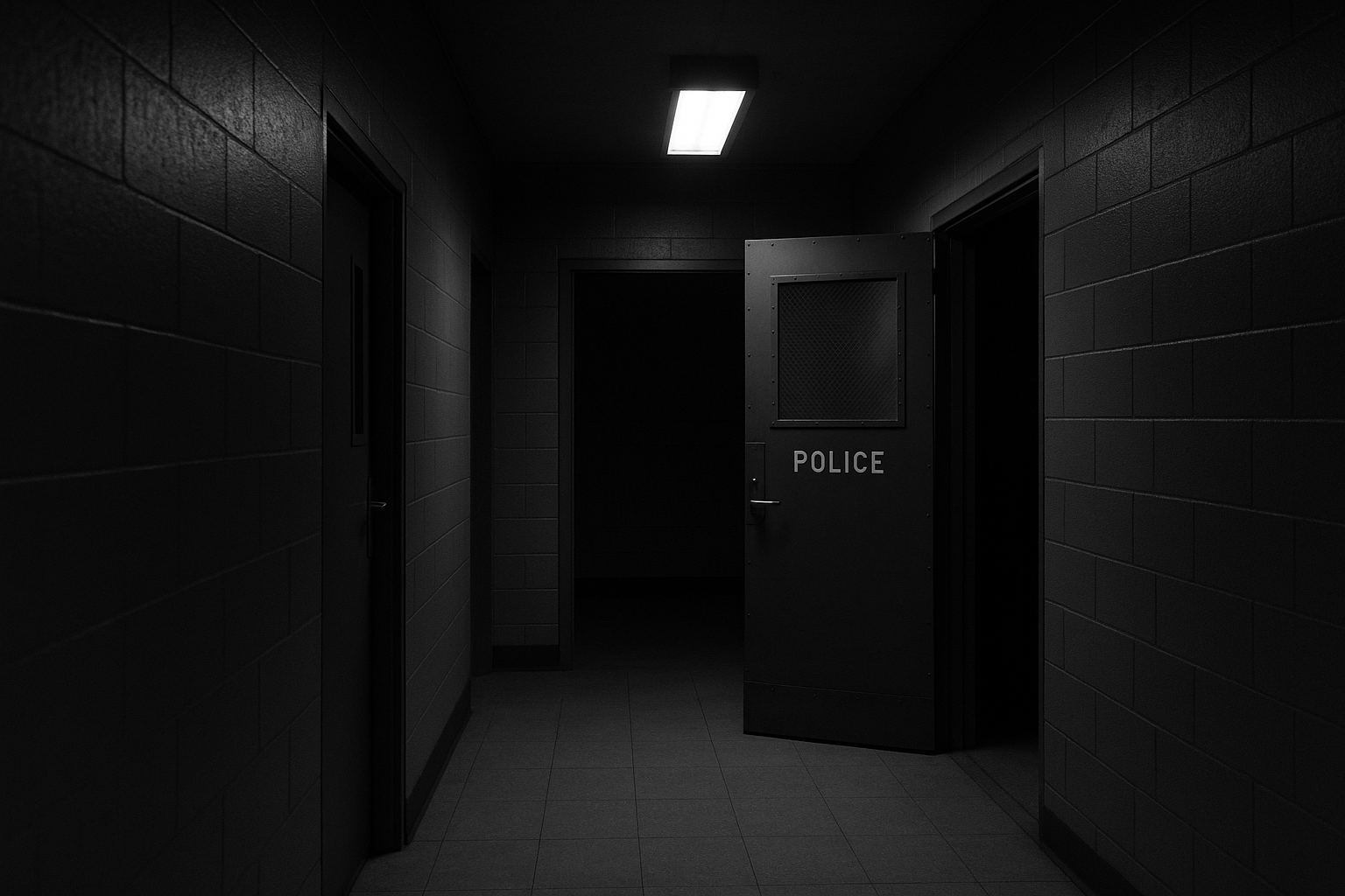 Couloir sobre d'un commissariat de police la nuit, porte entrouverte, lumière froide