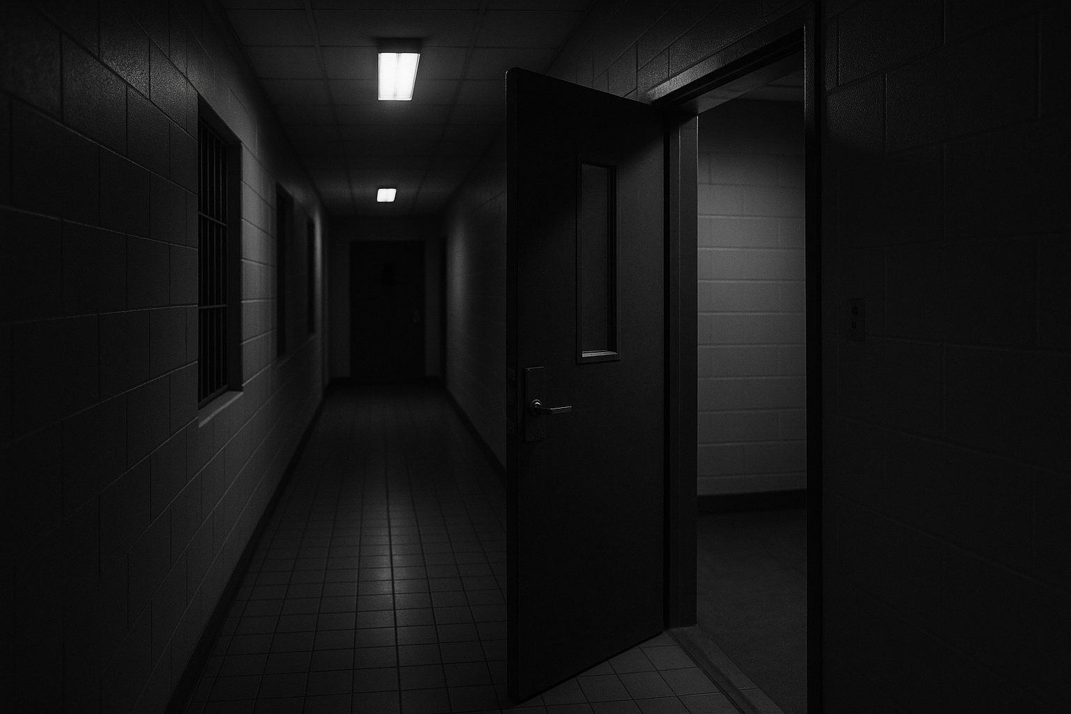 Couloir sobre d'un commissariat de police la nuit, porte entrouverte, lumière froide