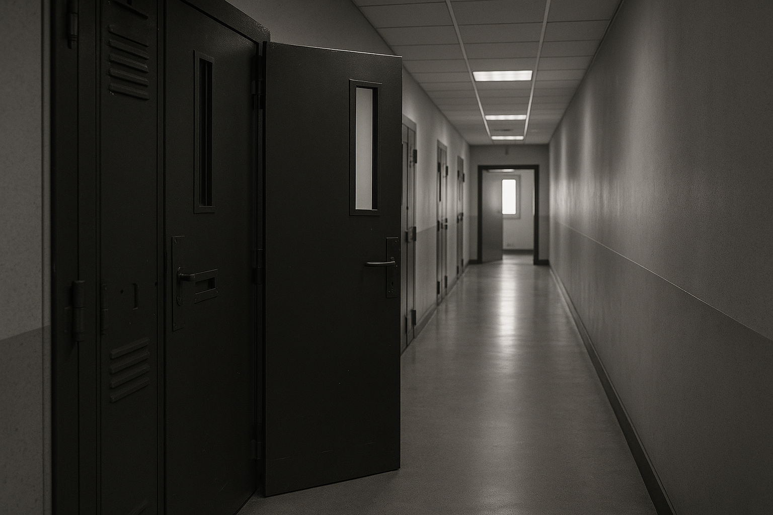 Couloir sobre d'un commissariat de police en noir et blanc, porte entrouverte sur une salle d'audition.