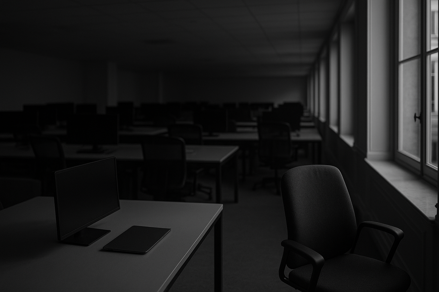 Bureau open space vide et faiblement éclairé en fin de journée, photographie en noir et blanc