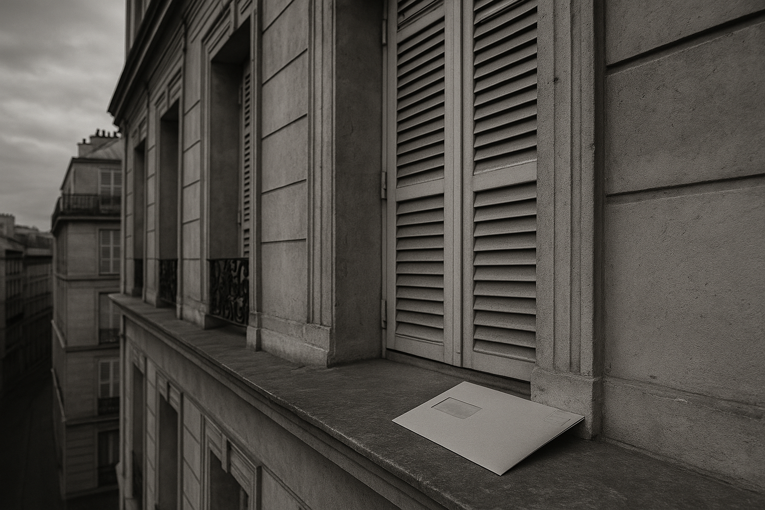 Façade d'un immeuble d'habitation ancien aux volets clos, illustrant la saisie pénale d'un immeuble et sa vente avant jugement