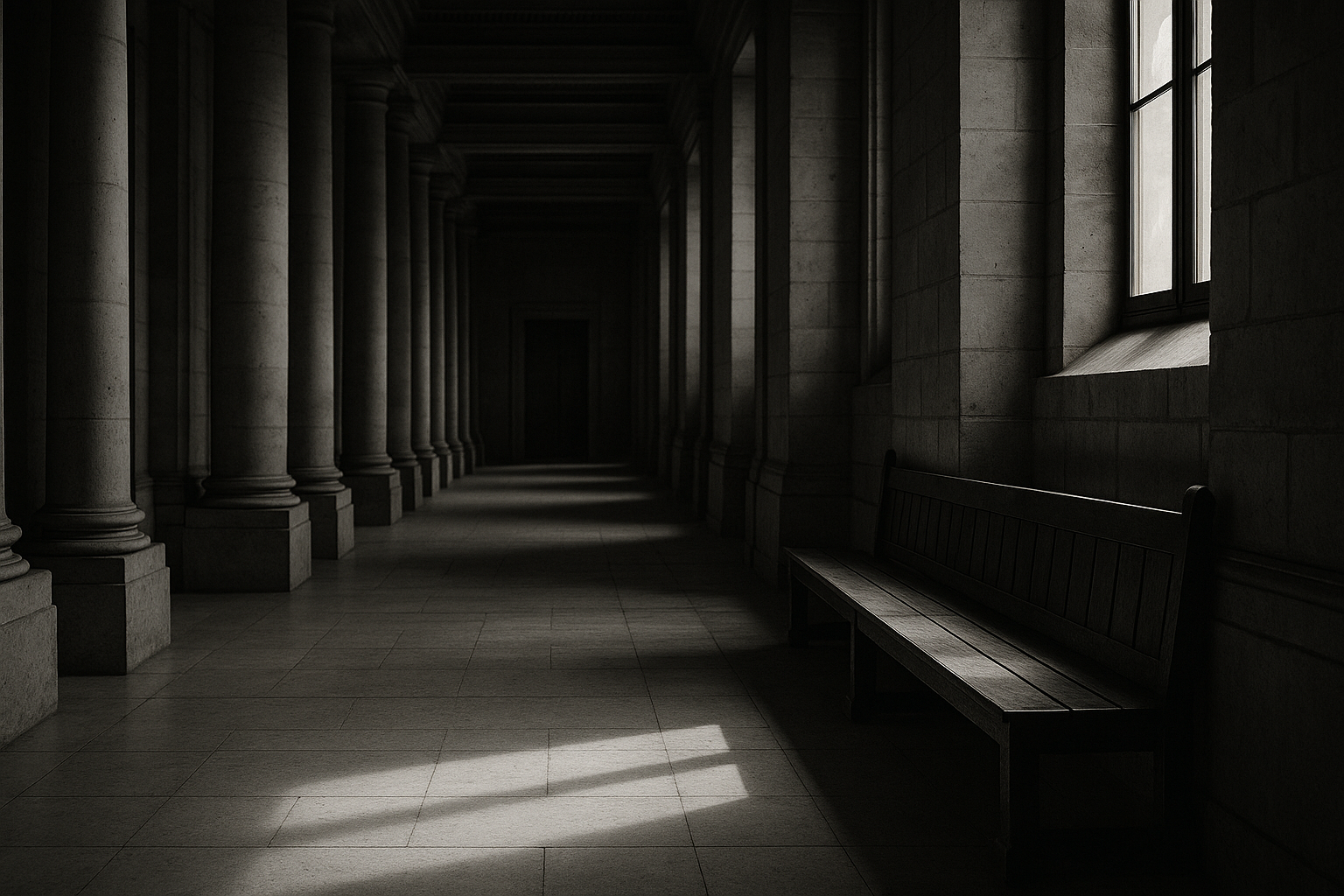 Couloir désert d'un palais de justice, illustration du contrôle de la garde à vue par le parquet