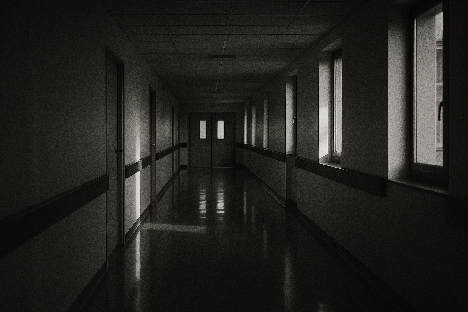 Couloir d'hôpital désert, sol brillant, lumière rasante de fin de journée