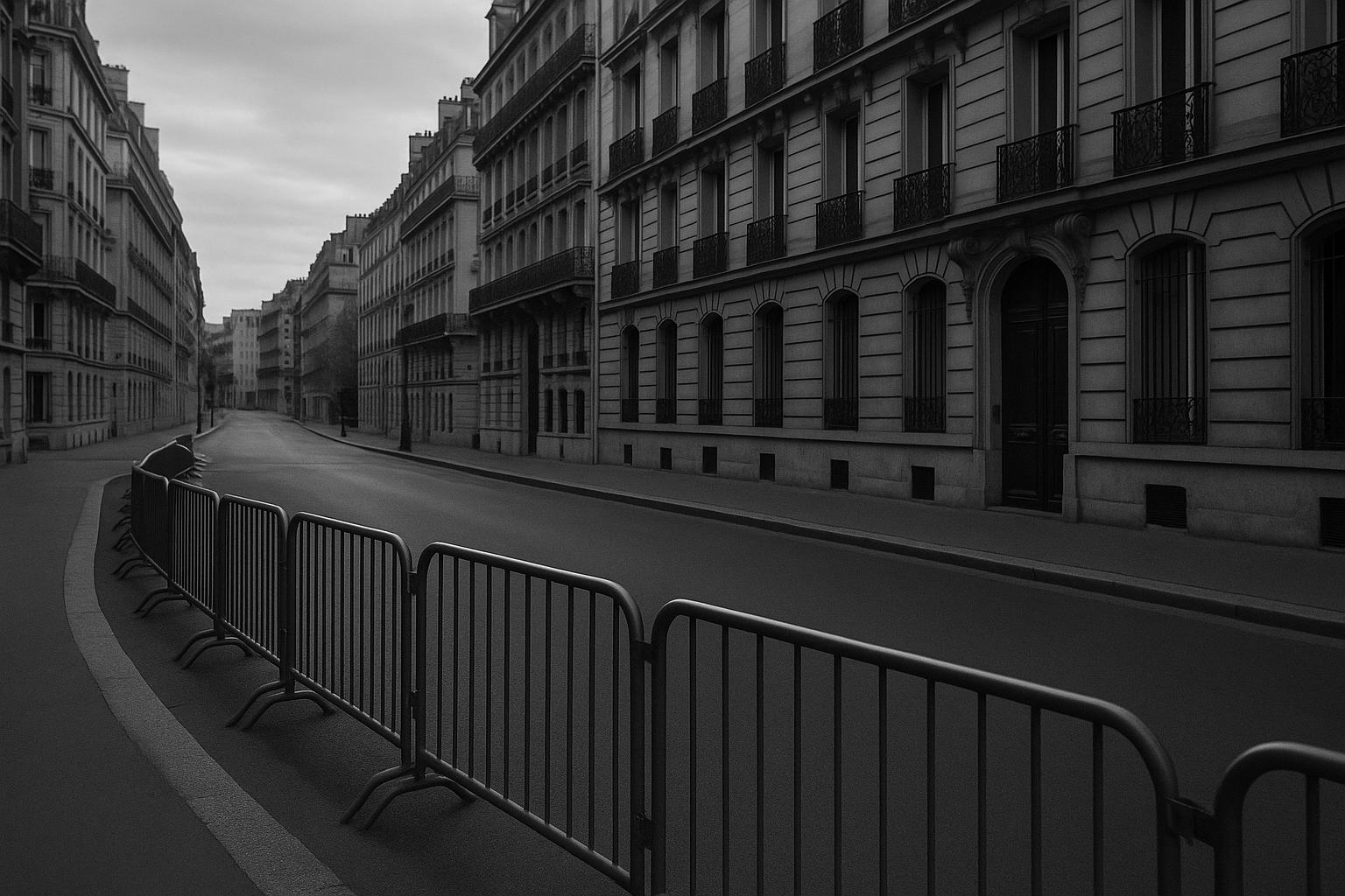 Rue urbaine vide avec barrières métalliques de sécurité alignées, photographie en noir et blanc.