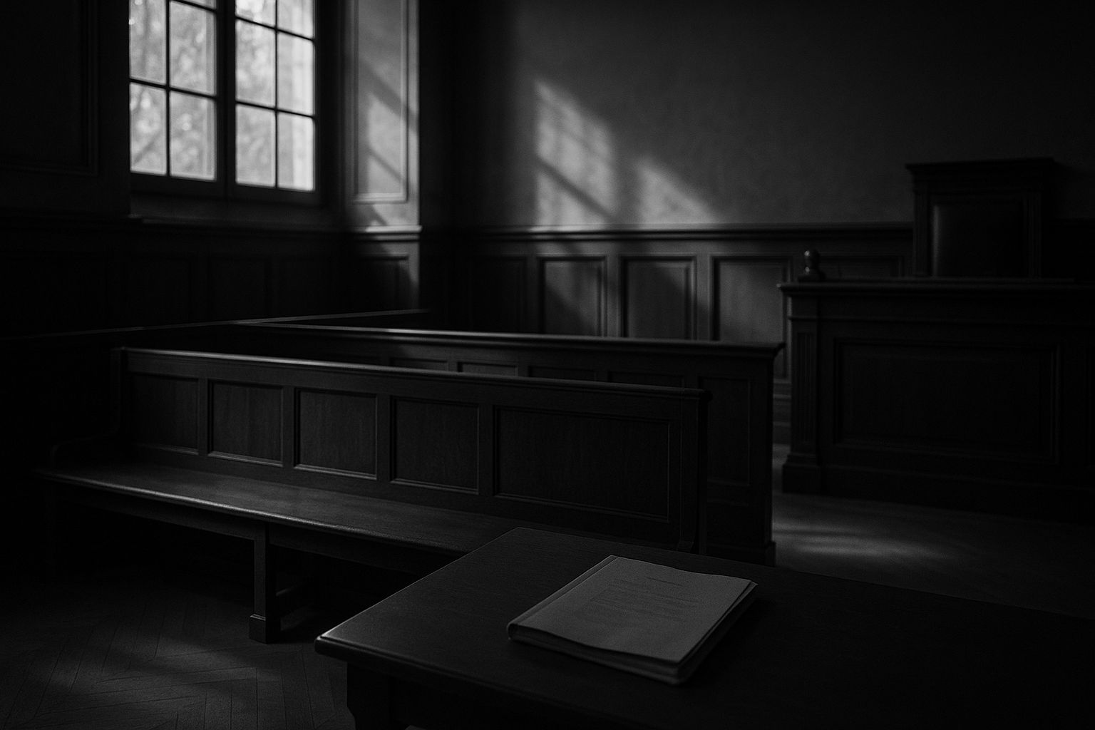 Salle d'audience correctionnelle vide éclairée par une haute fenêtre, dossier posé sur une table