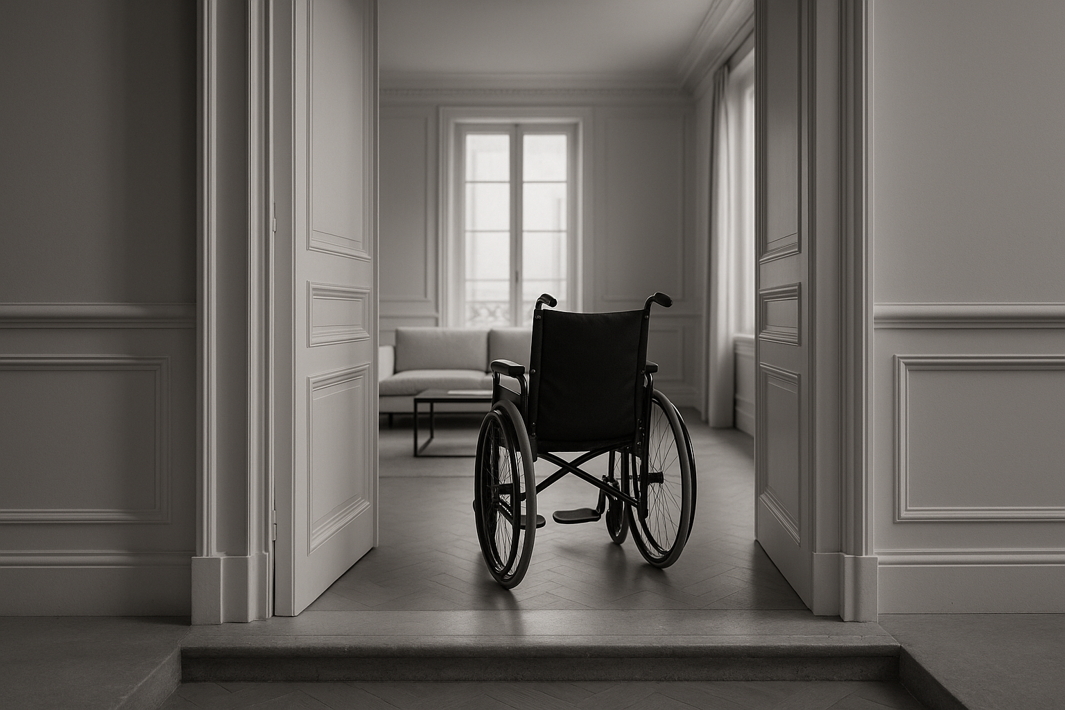 Large porte de plain-pied ouvrant sur un salon lumineux, un fauteuil roulant vide vu de dos près du seuil