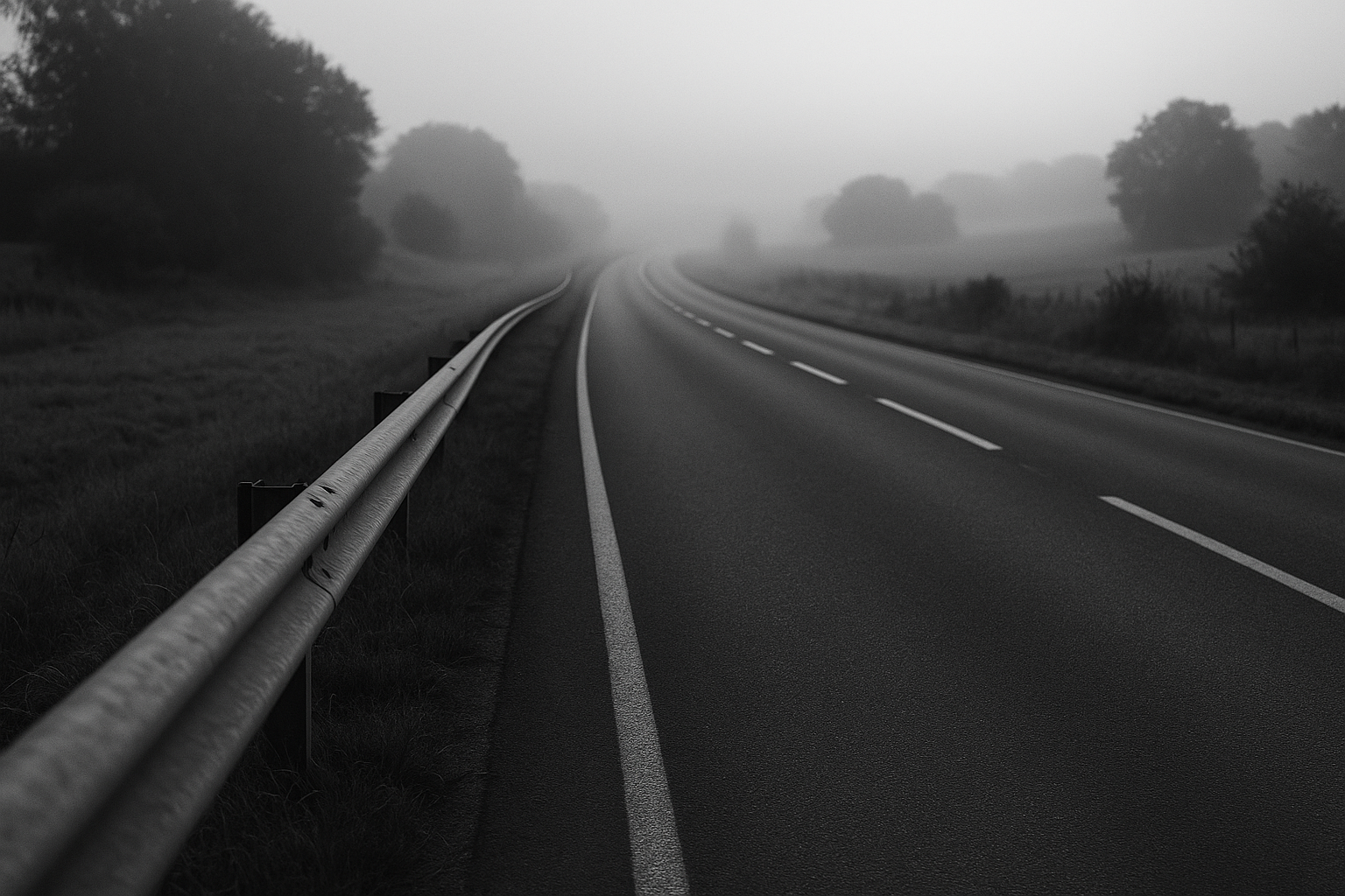 Route de campagne déserte dans le brouillard matinal, glissière de sécurité au premier plan, photographie en noir et blanc
