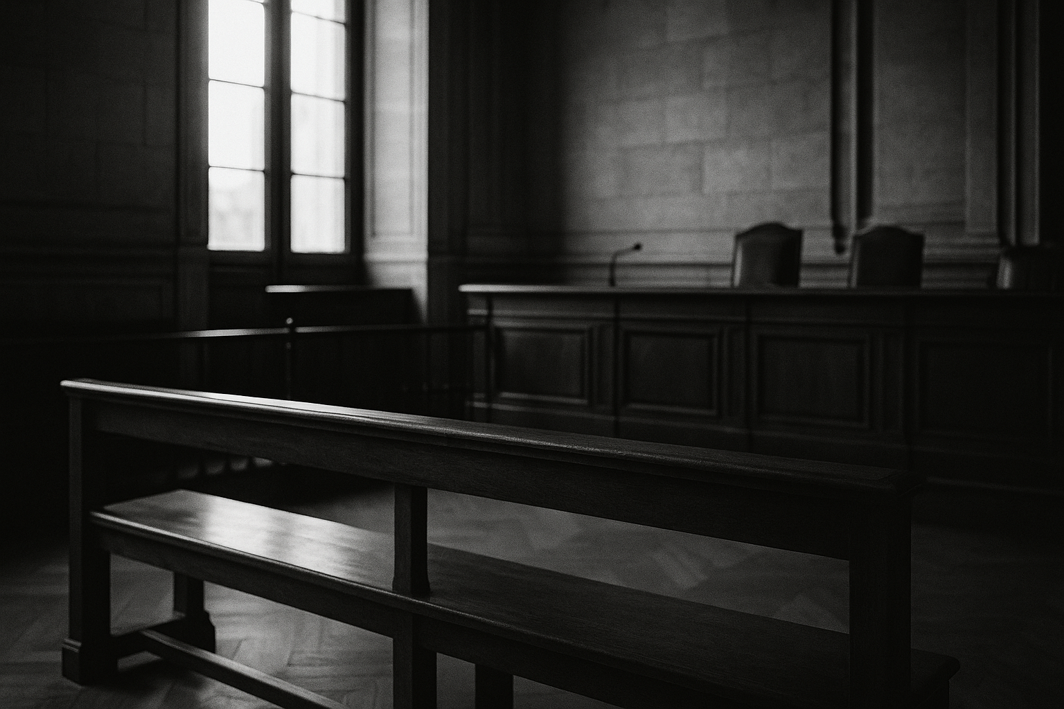Salle d'audience déserte d'un palais de justice, banc de bois et lumière rasante, photographie en noir et blanc