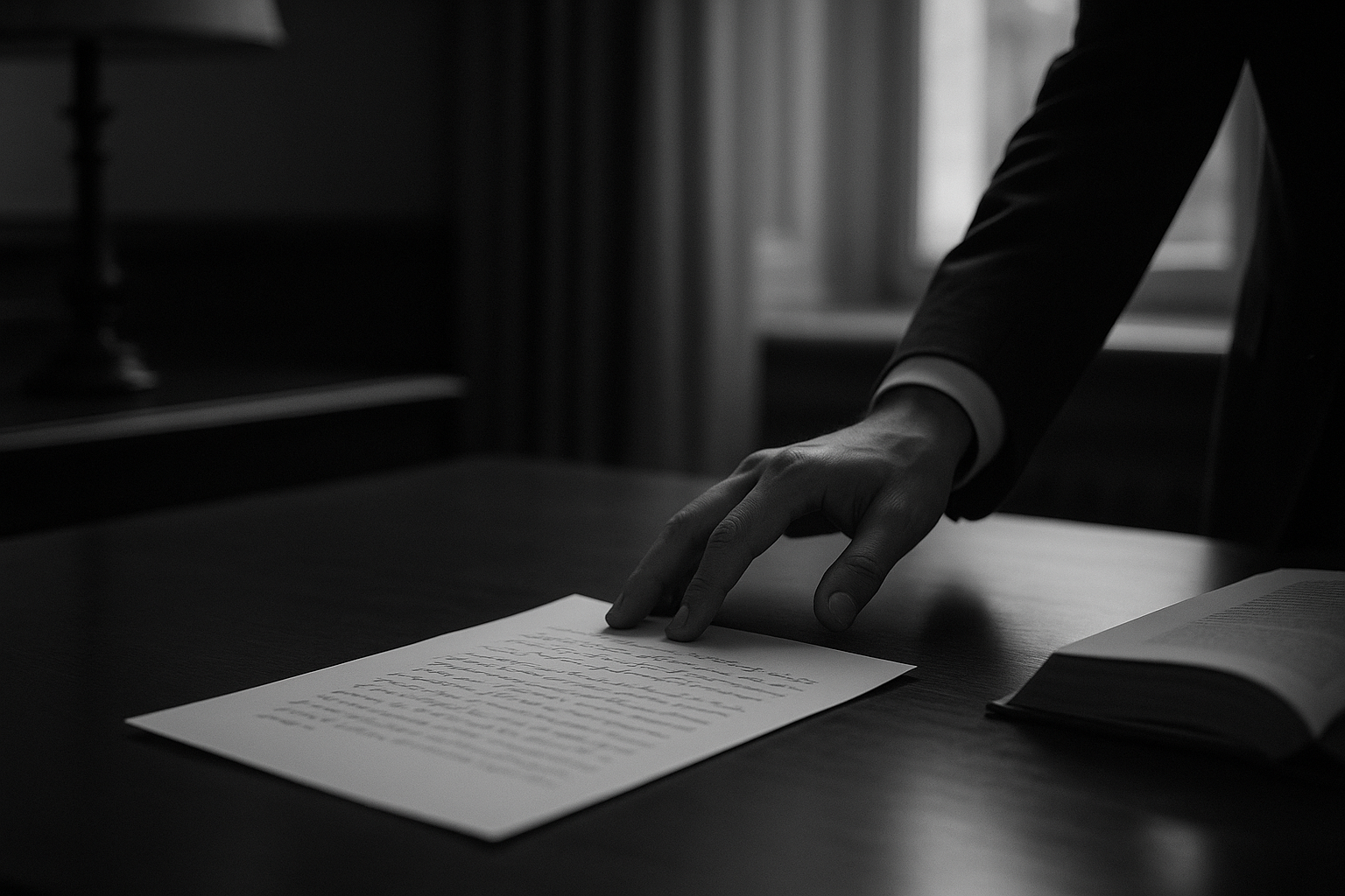 Main posant un document manuscrit sur un bureau d'avocat en bois sombre, lumière tamisée, photographie éditoriale en noir et blanc