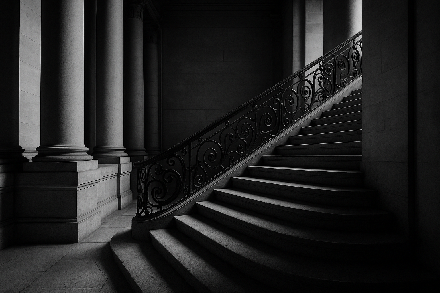 Escalier monumental en pierre d'un palais de justice, rampe en fer forgé, photographie en noir et blanc