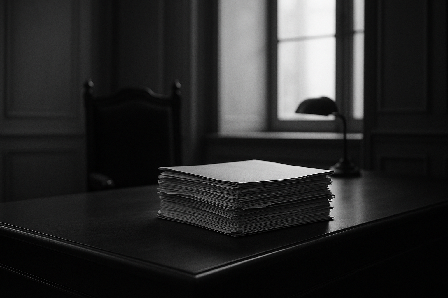 Bureau sobre d'un juge d'instruction, dossier épais posé sur une table en bois sombre