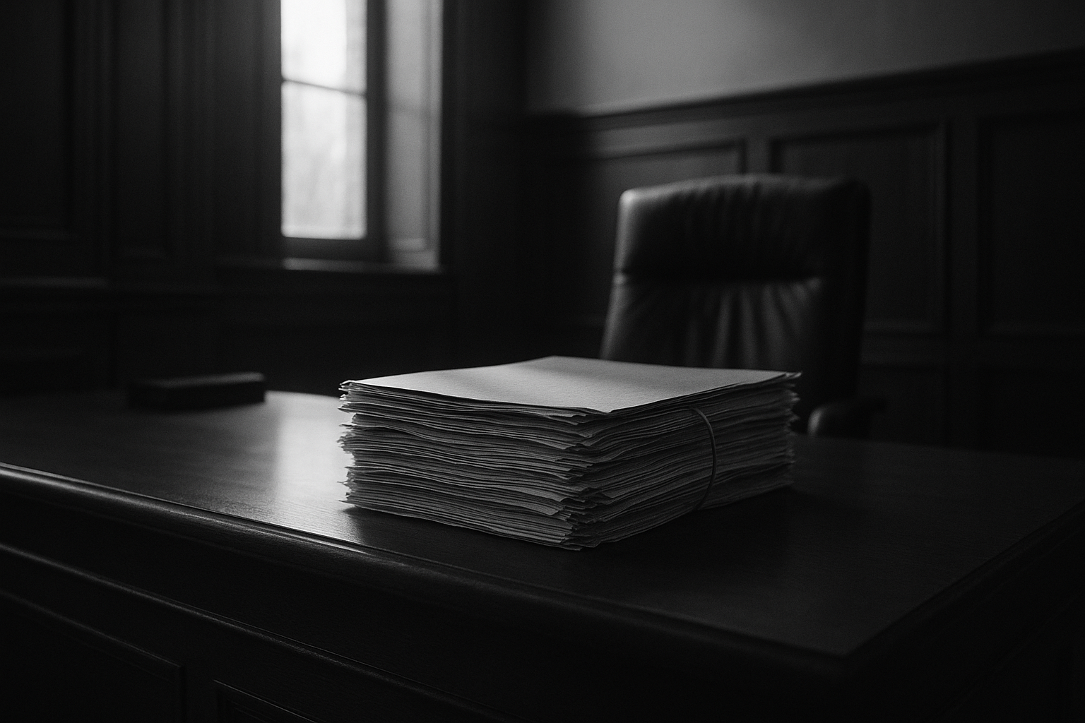 Bureau sobre d'un juge d'instruction, dossier épais posé sur une table en bois sombre