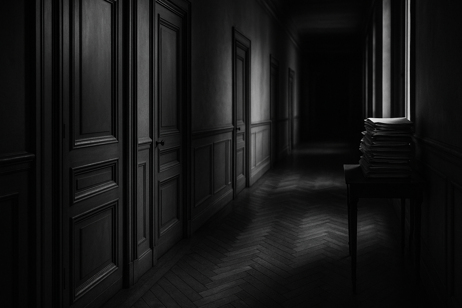 Couloir d'un cabinet de juge d'instruction, portes closes et dossiers empilés, photographie en noir et blanc