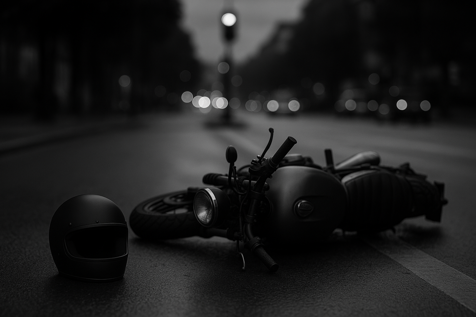 Motocyclette couchée au bord d'une route urbaine mouillée au crépuscule
