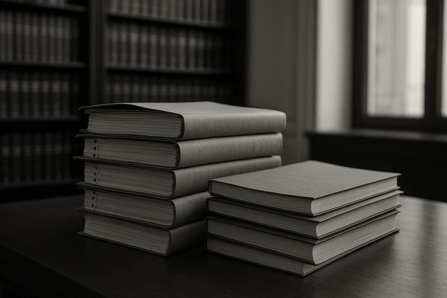 Mémoires reliés et dossiers de procédure sur une table de bibliothèque juridique