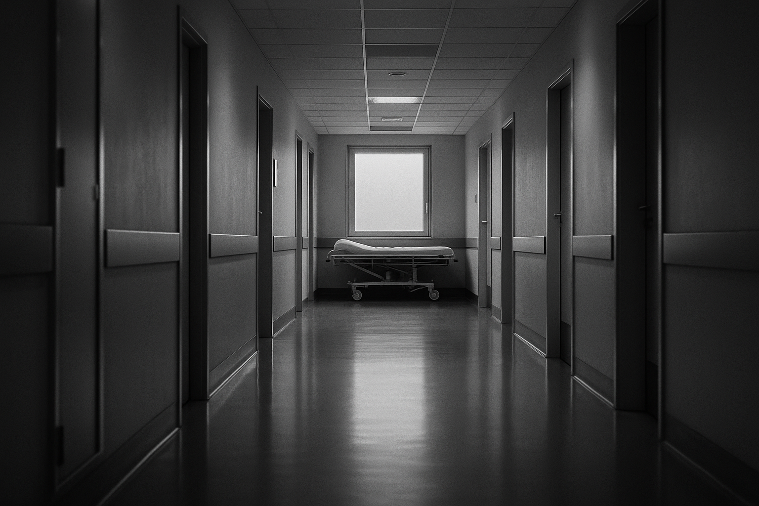 Couloir d'hôpital vide avec une civière au loin, photographie éditoriale en noir et blanc