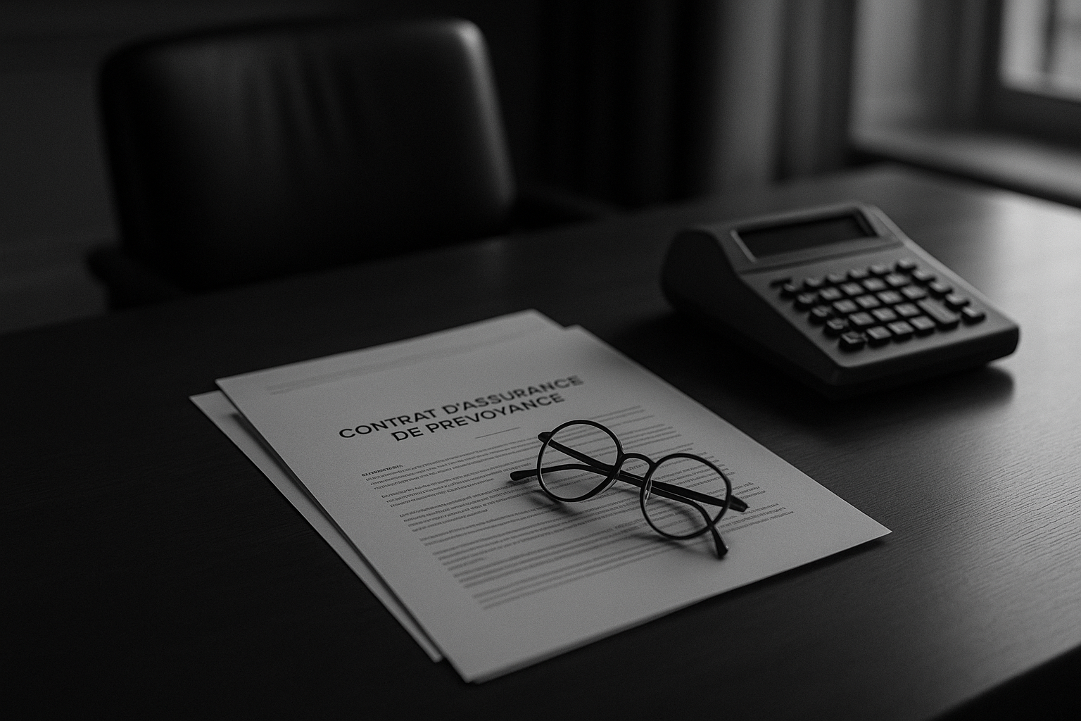 Contrat d'assurance de prévoyance imprimé, calculatrice ancienne et lunettes posées sur un bureau en fin d'après-midi