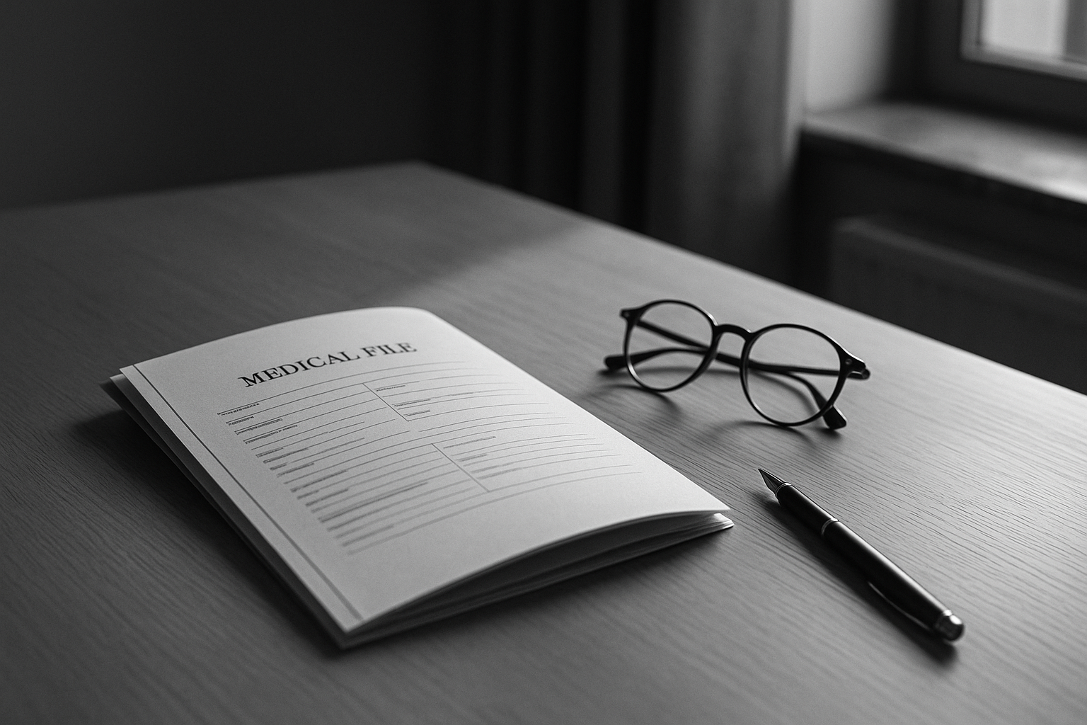 Dossier médical ouvert et lunettes posés sur une table en bois