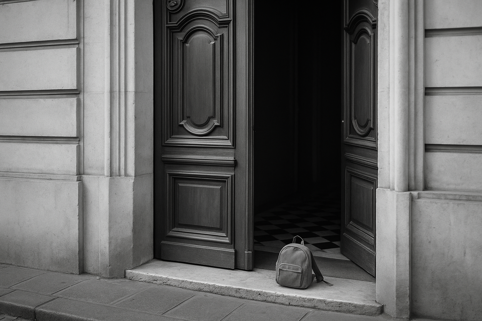 Porte d'immeuble entrouverte avec un petit sac à dos d'enfant posé sur le seuil, illustrant le refus de remettre un enfant à l'autre parent