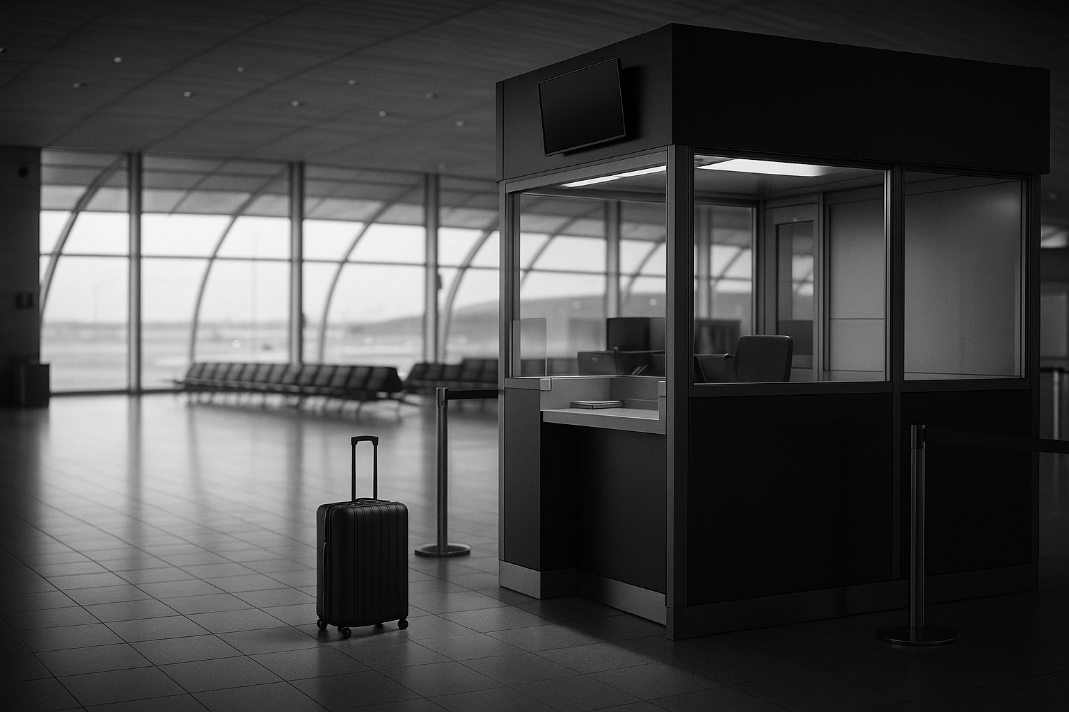 Hall d'aéroport presque vide au petit matin avec une guérite de contrôle des passeports éclairée, photographie en noir et blanc