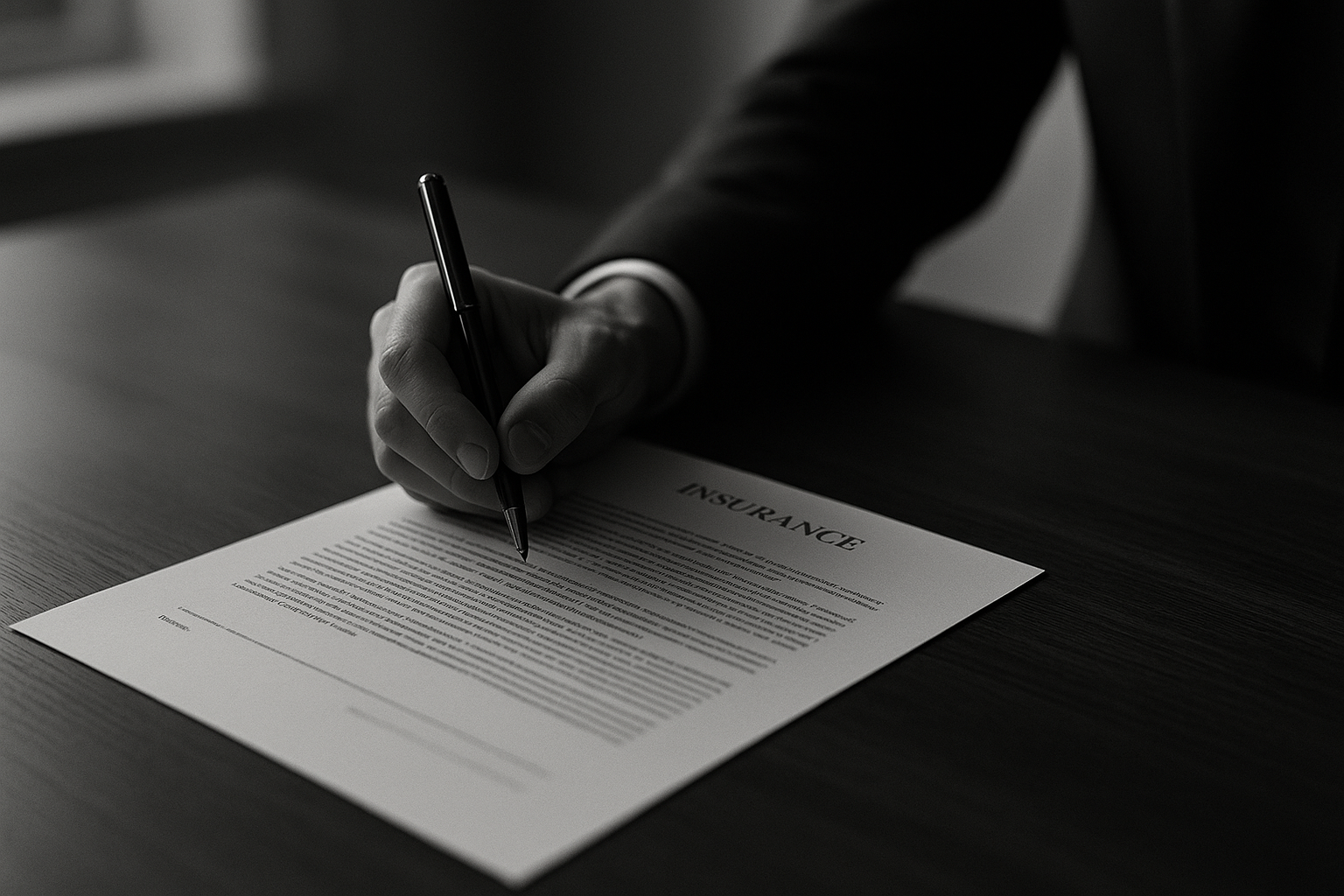 Main tenant un stylo au-dessus d'un document d'assurance non signé sur un bureau en bois