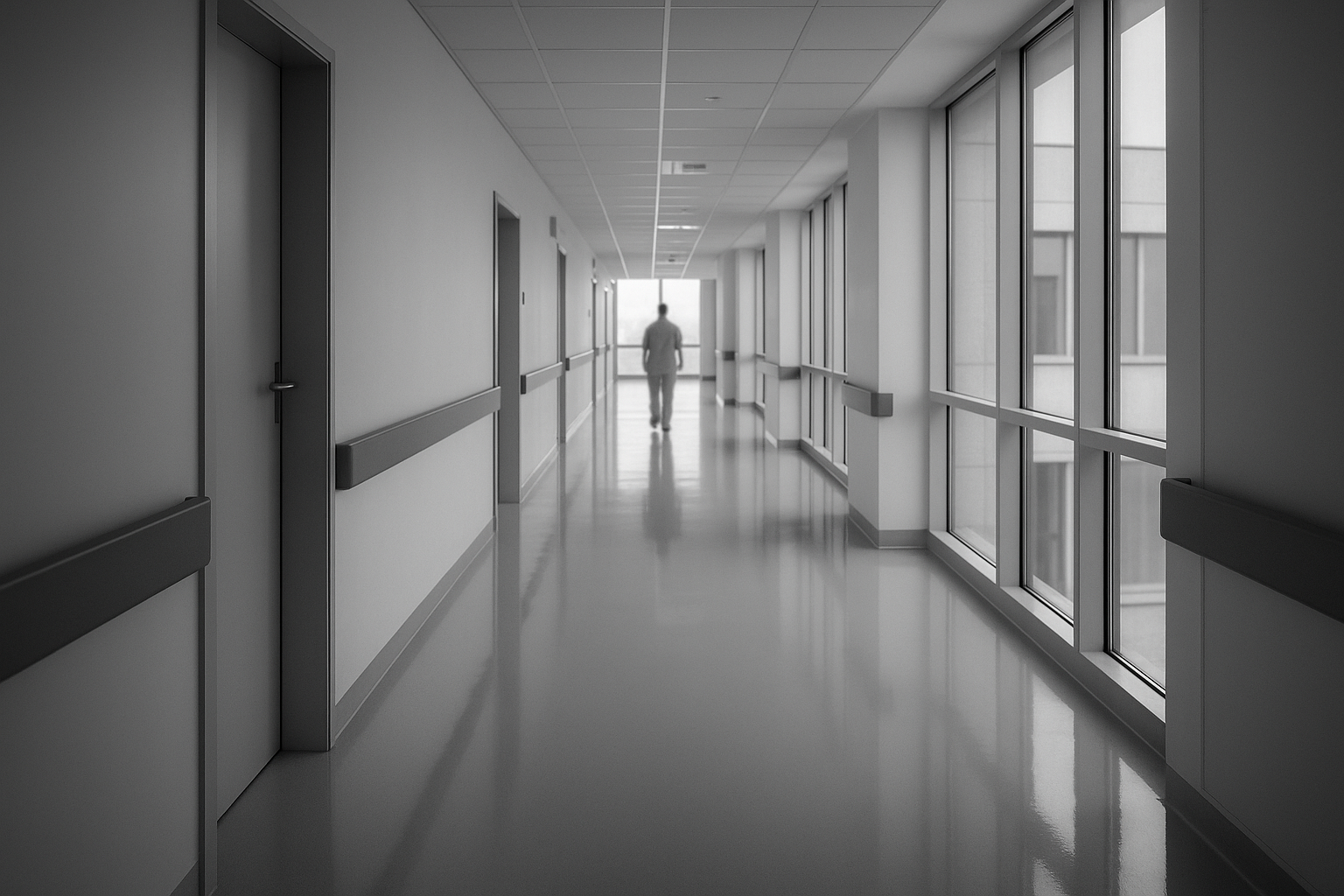 Couloir d'hôpital calme et lumineux en noir et blanc, silhouette d'un soignant au loin