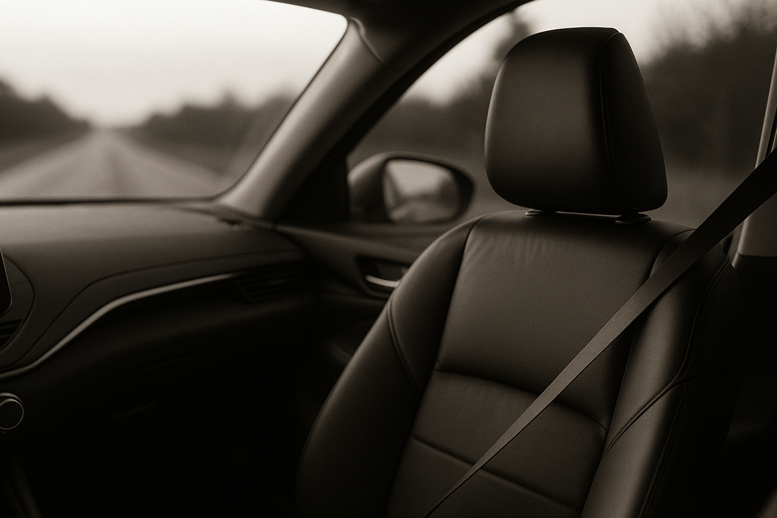 Intérieur d'une voiture vu depuis la banquette arrière, siège passager avant vide et ceinture détachée, route floue au loin