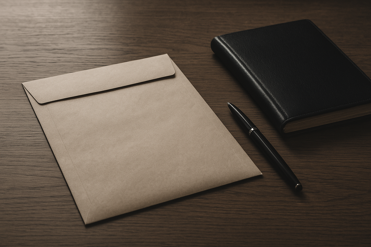 Enveloppe administrative posée sur une table en bois près d'un stylo et d'un carnet de comptes