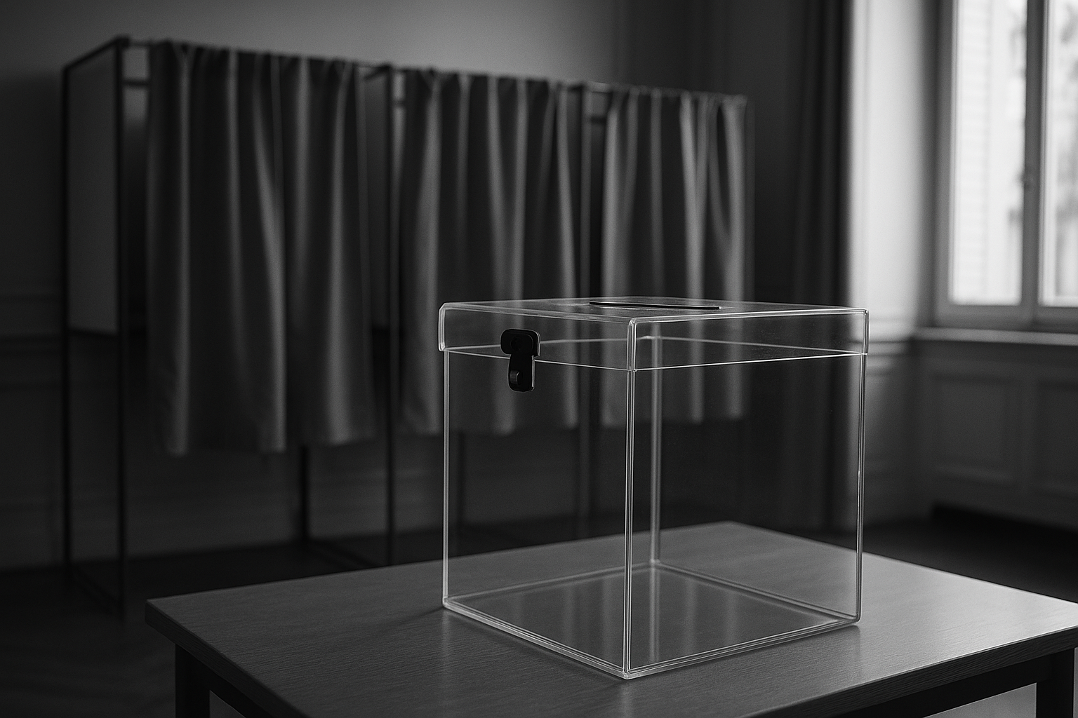 Urne électorale transparente vide dans une salle de vote déserte, isoloirs en arrière-plan