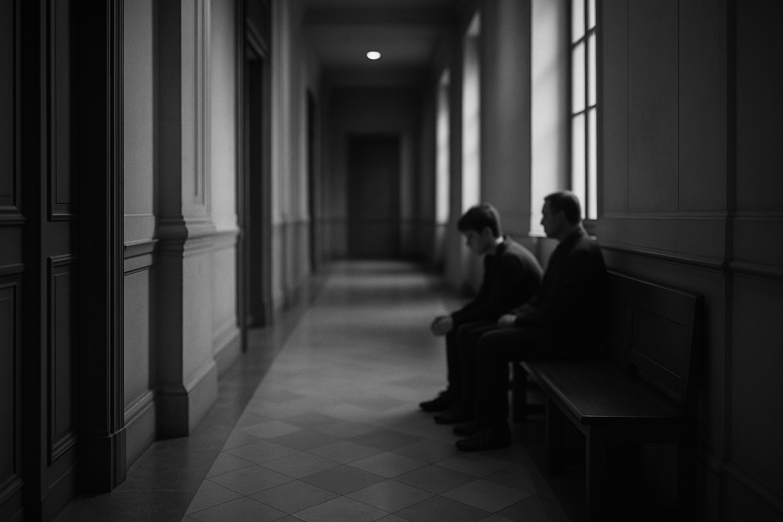 Couloir feutré d'un tribunal pour enfants, photographie éditoriale en noir et blanc
