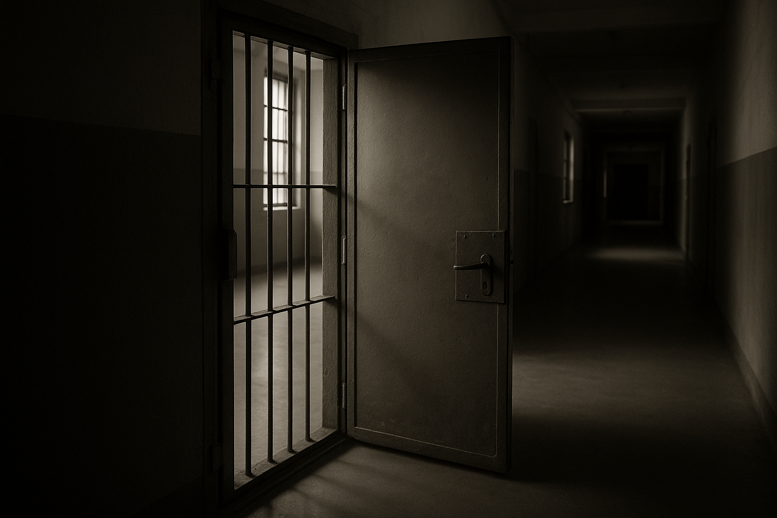 Une porte de cellule entrouverte laissant filtrer la lumière dans un couloir d'établissement pénitentiaire, photographie éditoriale en noir et blanc