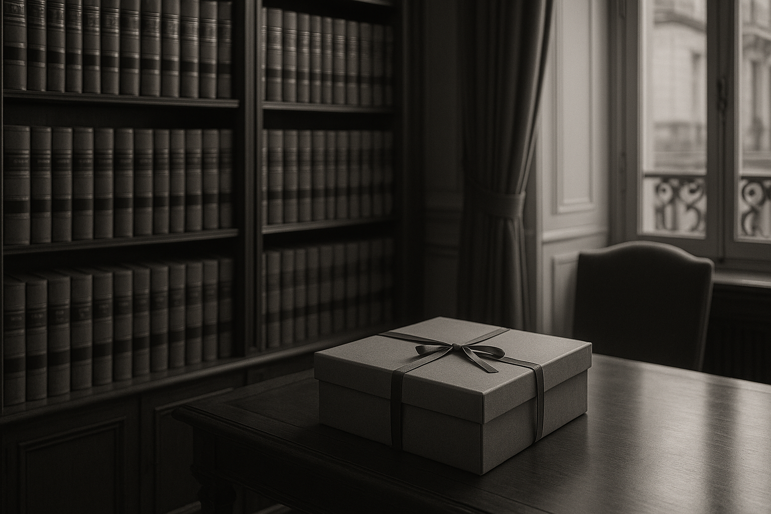 Bureau d'avocat avec des dossiers reliés et une boîte d'archives scellée, évoquant une perquisition dans un cabinet