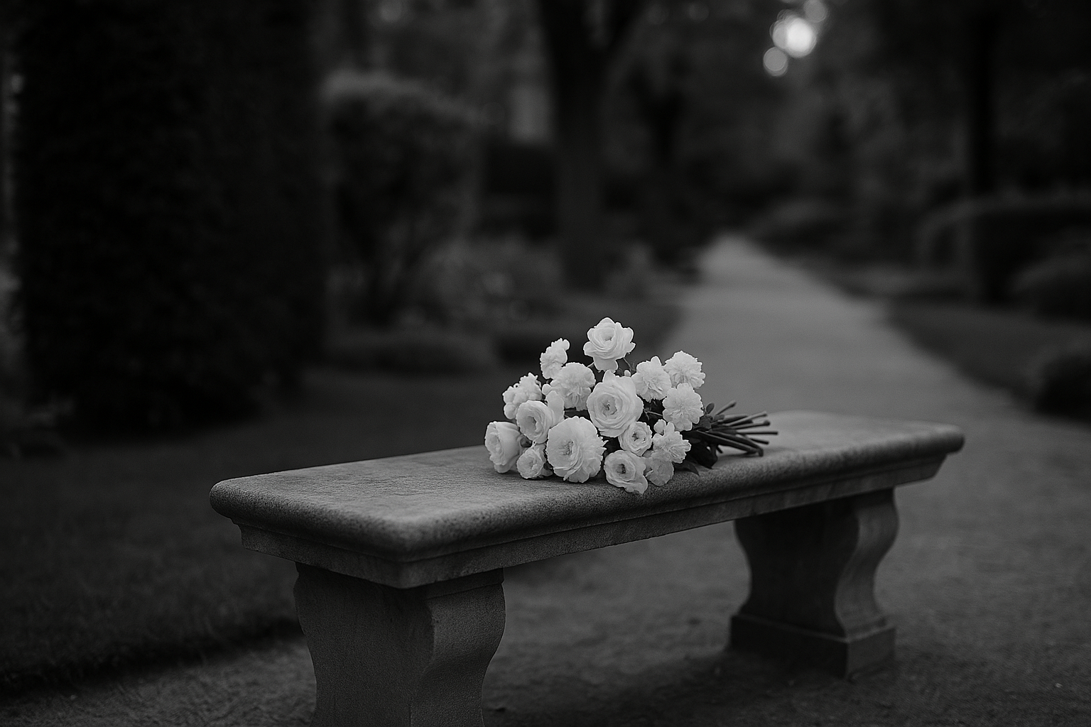 Bouquet de fleurs blanches posé sur un banc de pierre dans un jardin calme en fin de journée