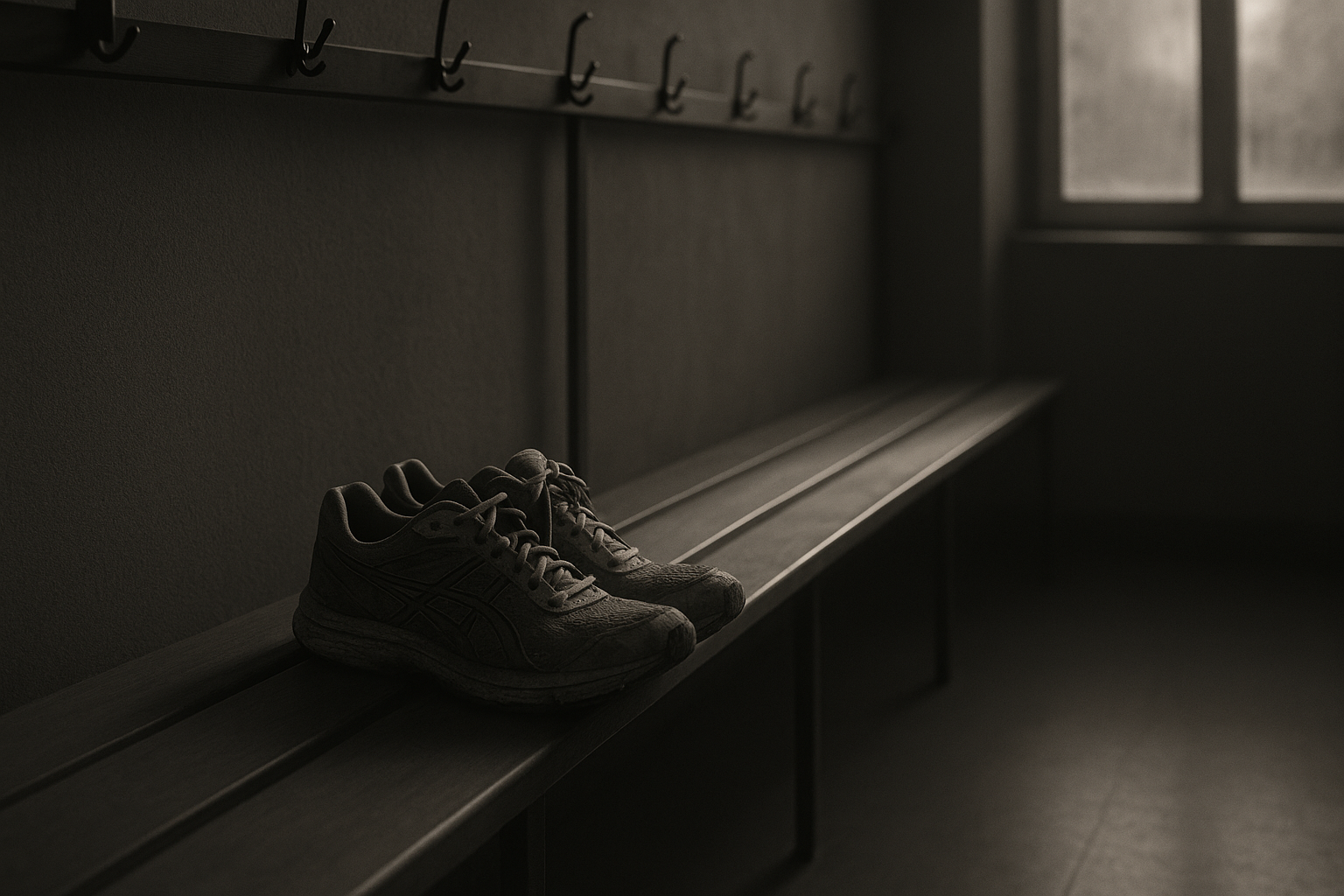 Chaussures de course sur un banc de vestiaire vide