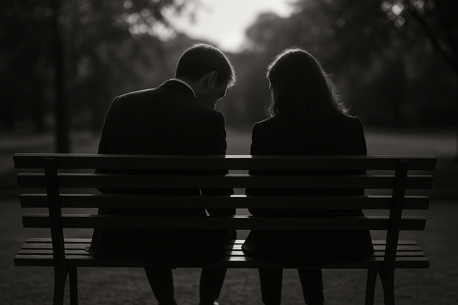 Deux silhouettes vues de dos assises côte à côte sur un banc de jardin, l'une penchée vers l'autre, en fin de journée