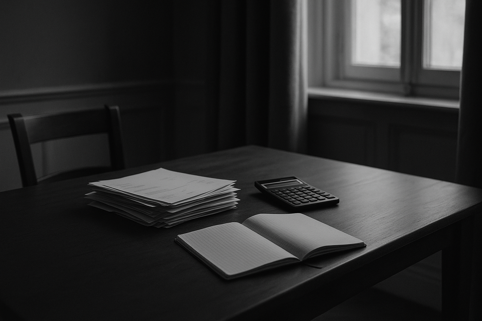 Table de cuisine familiale avec une pile de factures, une calculatrice et un cahier d'écolier