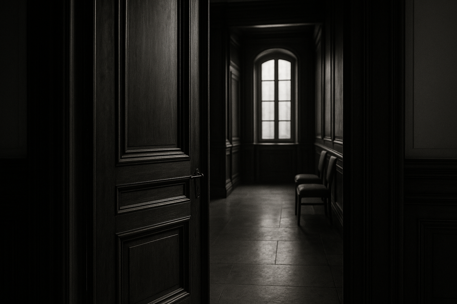 Porte en bois d'un bureau de juge d'instruction entrouverte sur un couloir de palais de justice, en noir et blanc